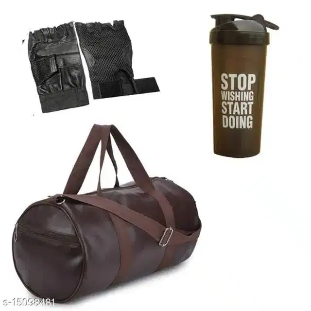 Combo of Gym Bag with Shaker Bottle, 400 ml, Gloves, Multicolor, Set of 3