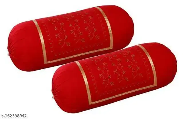 Embroidered Cotton Bolster Cover, Red, 16x20 inches, Pack of 2