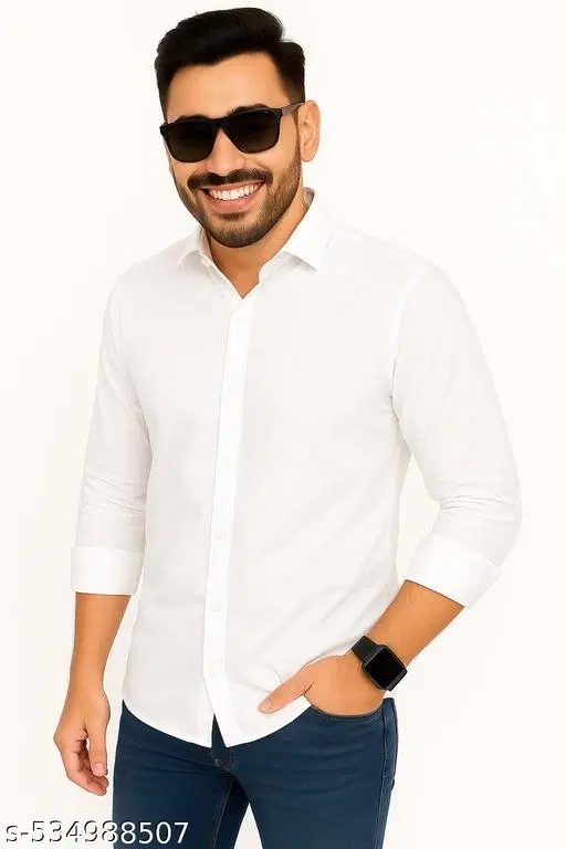 Cotton Blend Solid Shirt for Men, White (L)