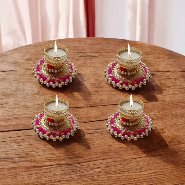Metal Designer Tealight Candle Holder, Pink, 8.8x8.8x3.8 cm, Pack of 4