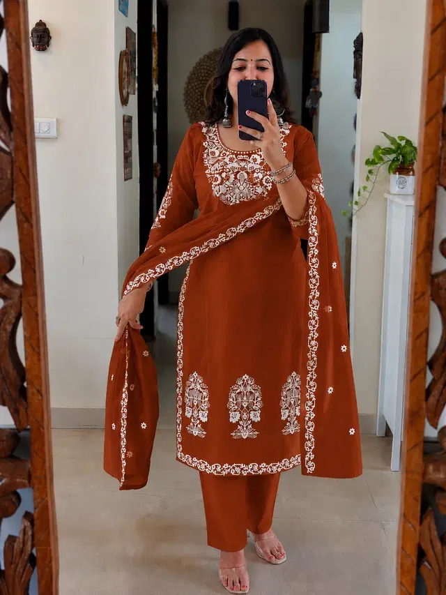 Embroidered Kurta Set for Women (Rust, S)