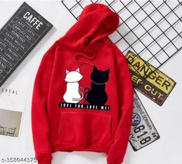 Fleece Printed Hoodie for Women (Red, XS)