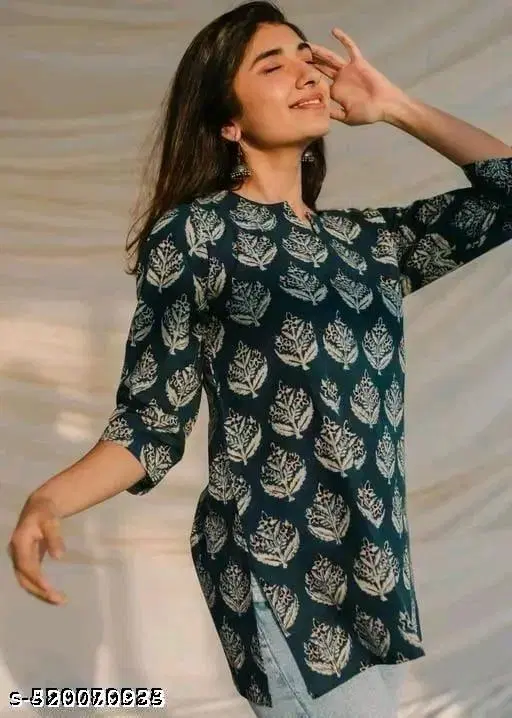 Rayon Printed Short Kurti for Women, Green (XL)