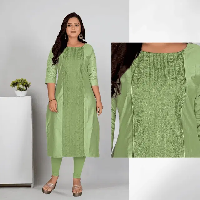 Cotton Silk Embroidered Kurti for Women & Girls, Green (M)