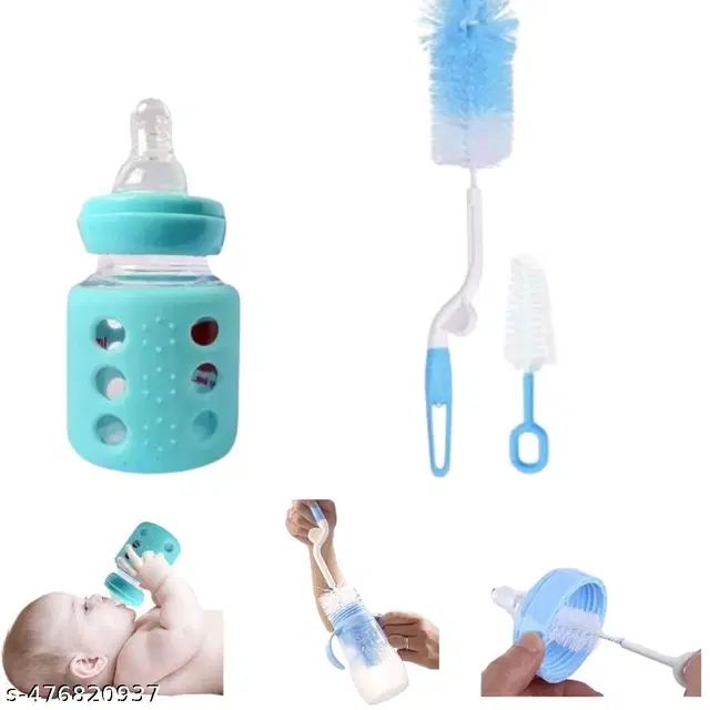 Combo of Milk Bottle, 60 ml with Bottle & Nipple Cleaning Brushes, Multicolor, Set of 3