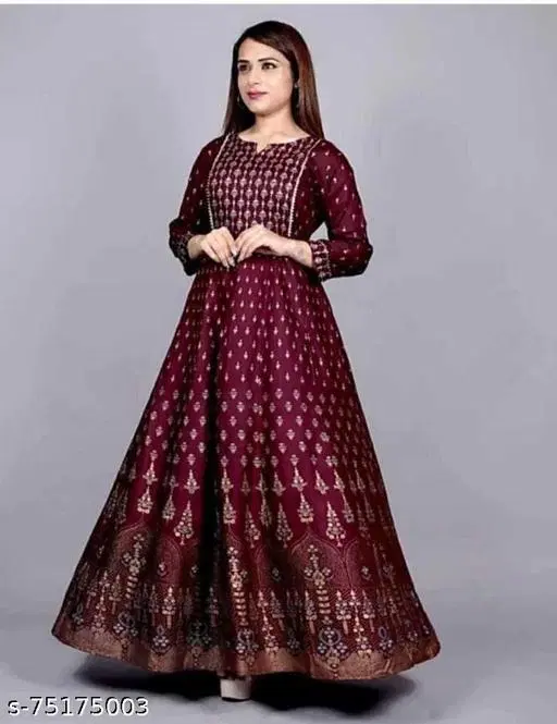 Rayon Printed Gown for Women, Maroon (XS)