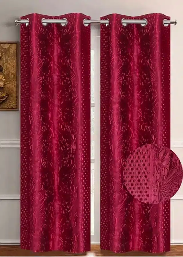 Polyester Embroidered Window & Door Curtains, Pack of 2, Maroon, 5 feet