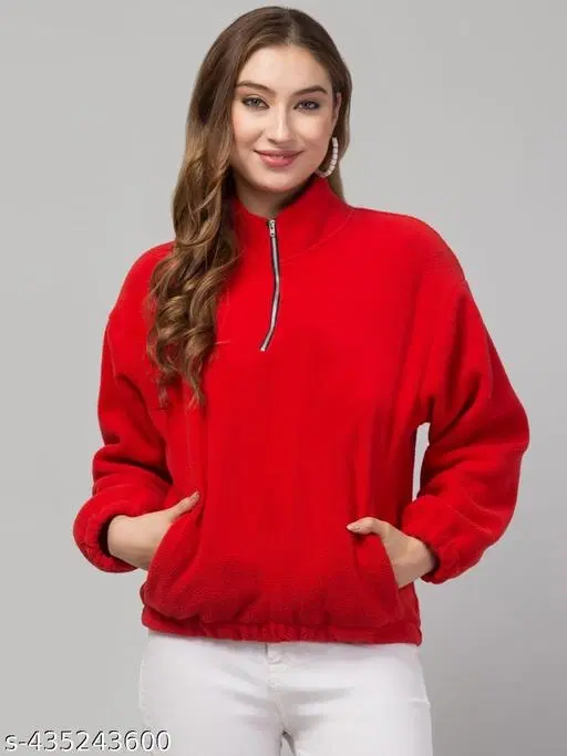 Fleece Solid Sweatshirt for Women (Red, S)