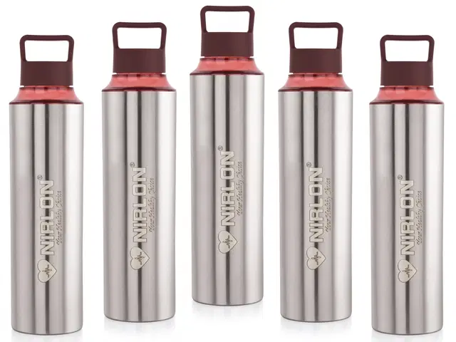 Nirlon Stainless Steel Water Bottles, Silver, 900 ml, Pack of 5