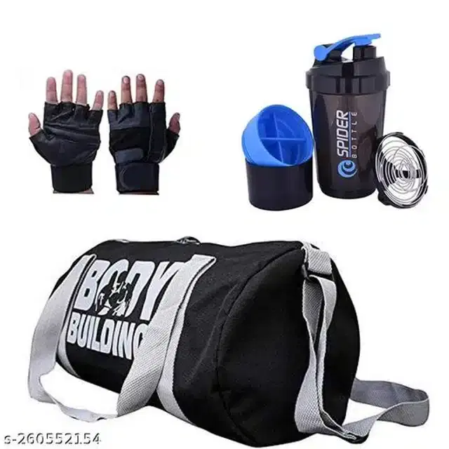 Combo of Gym Bag with Shaker Bottle, 400 ml, Gloves, Multicolor, Set of 3