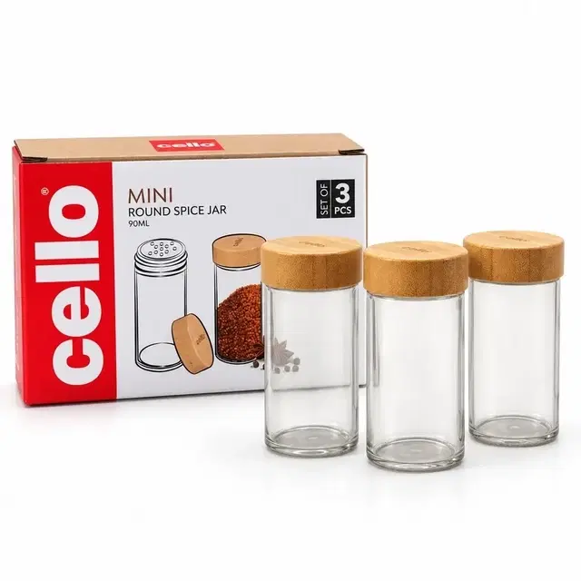 Cello Mini Round Borosilicate Glass Storage Jar With Lid, 90 ml | Set Of 3 | Airtight Lid | Microwave & Dishwasher Safe | Kitchen Container For Spices, Tea, Snacks, Pulses & Dry Fruits