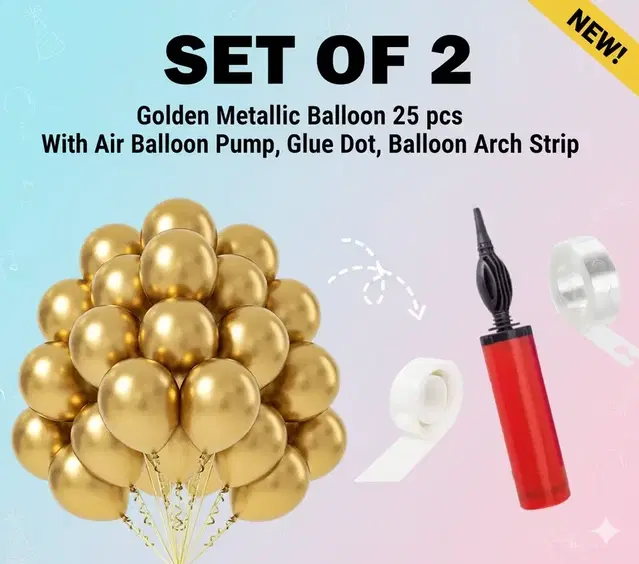 Golden Metallic Balloon 25 pcs With Air Balloon Pump, Glue Dot, Balloon Arch Strip (Set of 28) Multicolor