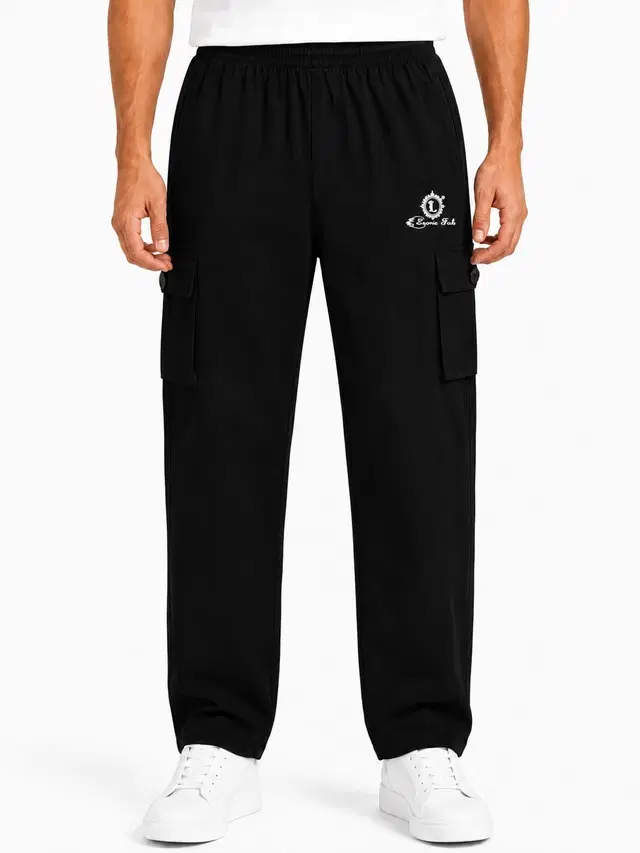 Solid Slim Fit High Rise Drawstring Polycotton Track Pants for Men (Black, M)