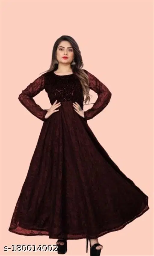 Polyester Embellished Gown for Women (Maroon, L)