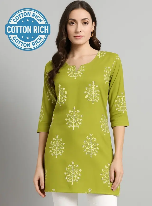 Cotton Blend Block Print Short Kurti for Women, Green (L)