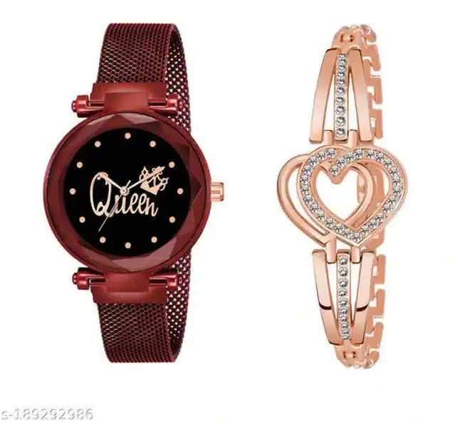 Analog Watch with Bracelet for Women, Set of 2 (Rose Gold & Maroon)