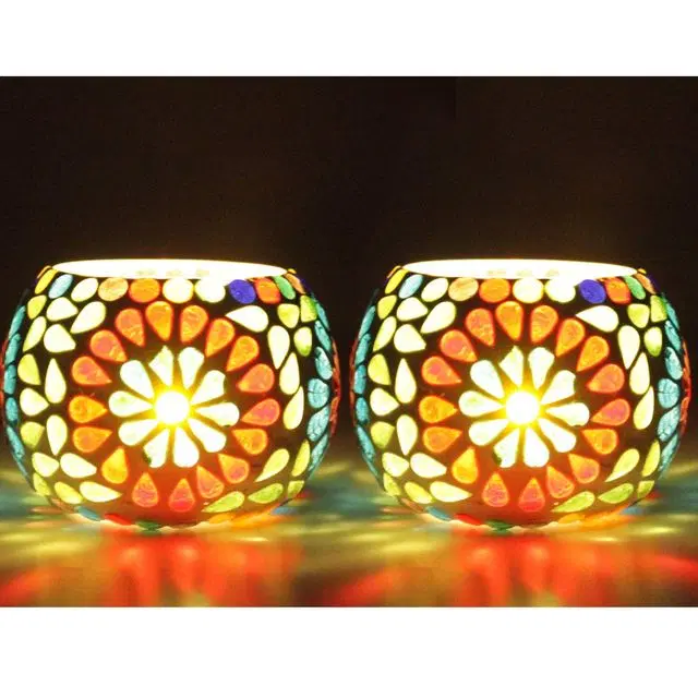 Aatiutik Hand Made Glass Tea Light Candle Holder | Candle Holder | Candle Holder For Home Decoration | Set Of 2 With 4 Tlight Candle Free For Birthday Anniverary Diwali Christmas Hotel Spa Festival, A026