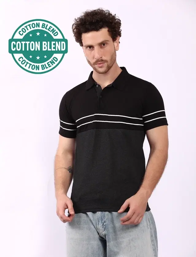Striped Polo T-Shirt for Men, Black & Grey (XXL)