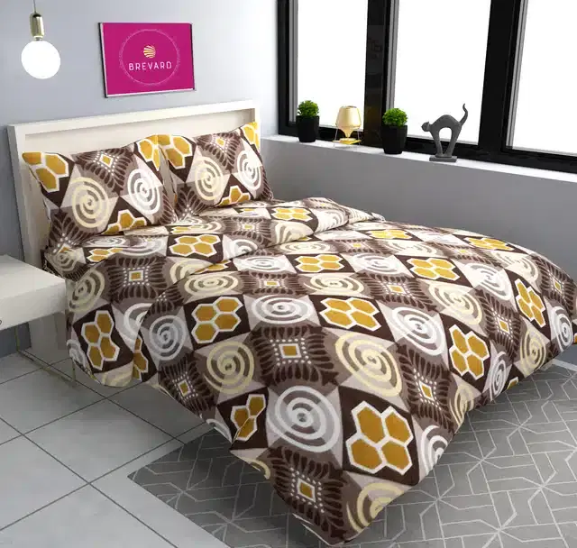 Fleece Printed Double Bedsheet with Two Pillow Covers, Brown, 90x100 Inches