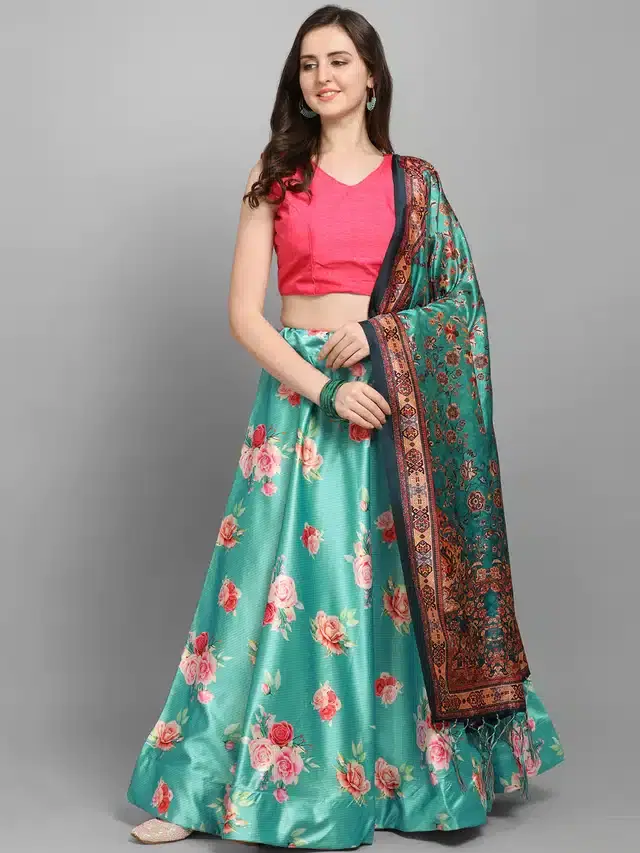 Digital Printed Unstitched Lehenga Choli for Women (Turquoise)
