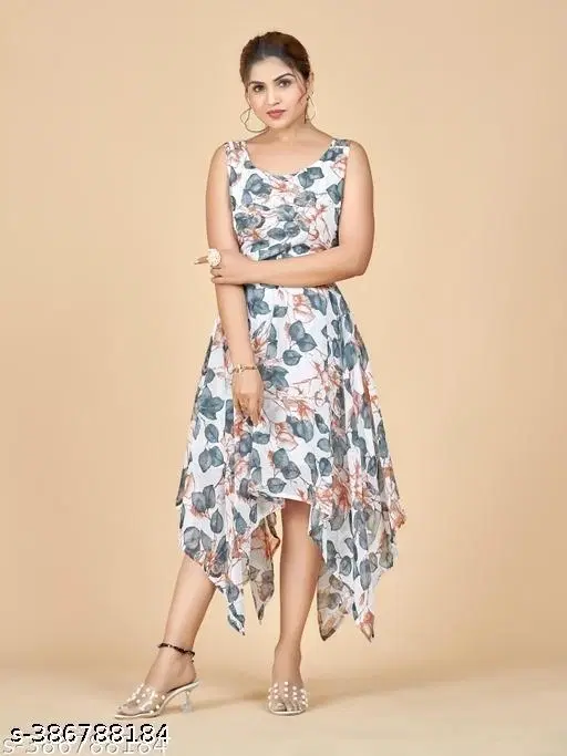 Georgette Botanical Print Fit and Flare Gown for Women ( White,XS )