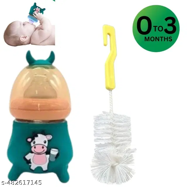 Baby Milk Feeding Bottle, 120 ml with Cleaning Brush, Multicolor, Set of 2