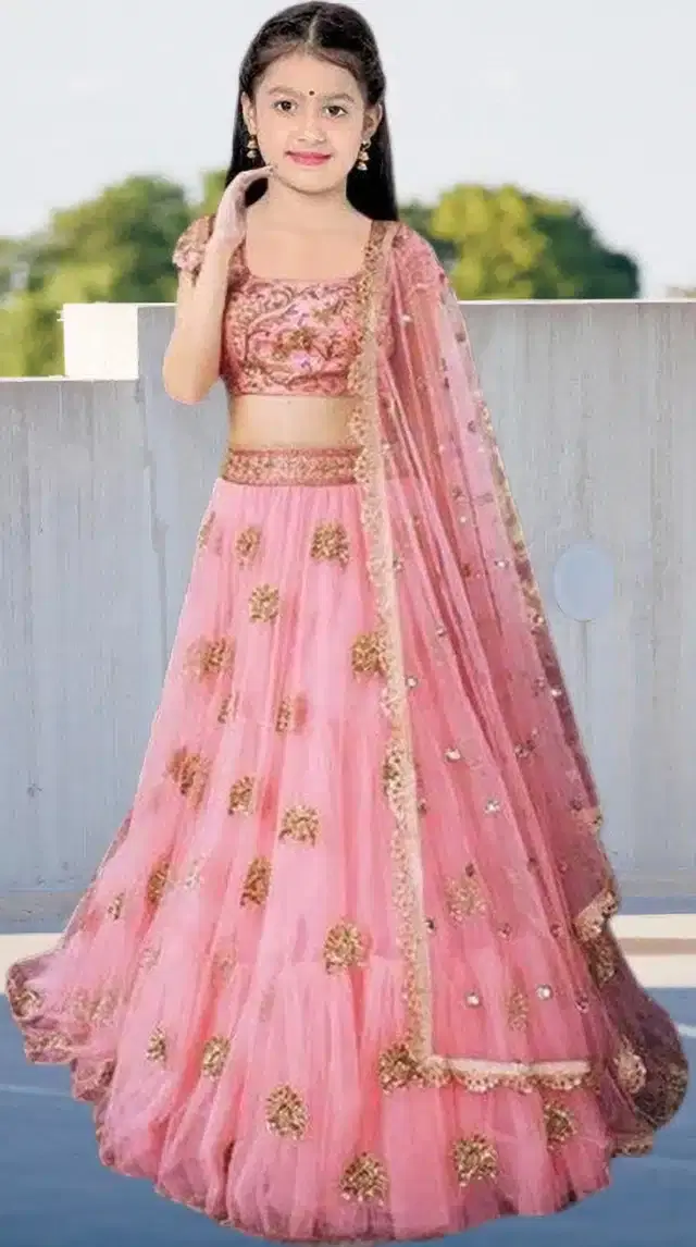 Net Embroidered Semi Stitched Lehenga for Girls (Pink, 3-4 Years)