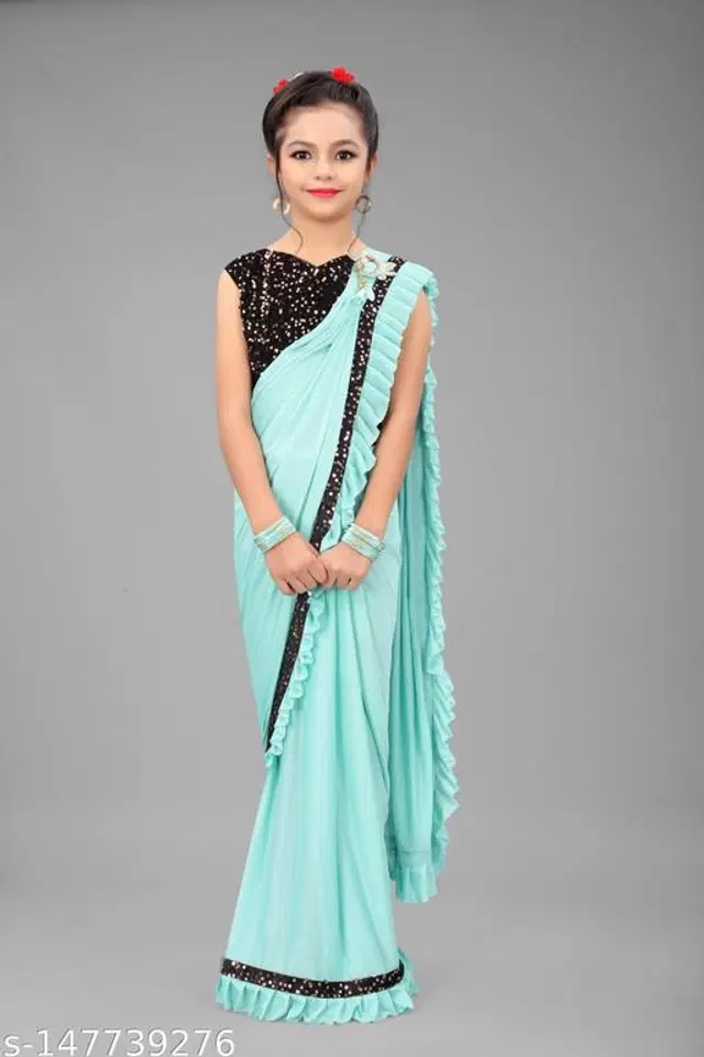 Solid Fancy Saree for Girls with Blouse (Sky Blue, 3-4 Years)