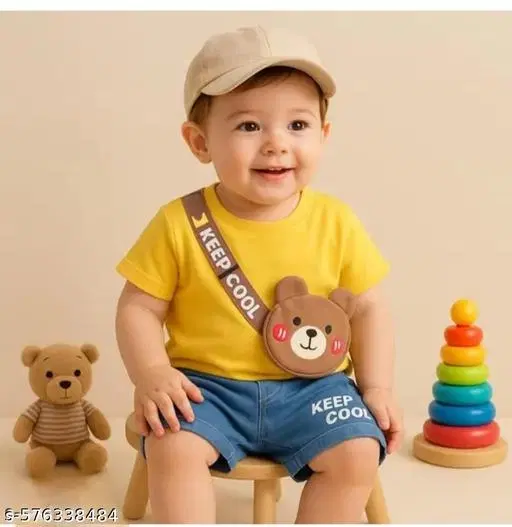 Hosiery Cotton & Denim Printed Clothing Set for Kids, Yellow & Blue (0-2 Months)