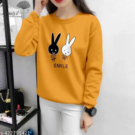 Cotton Blend Printed Sweatshirt for Women (Yellow, XS)