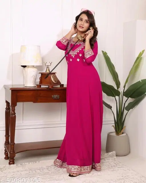 Maxi Gown Embroidered Floral Tiered for Women (Pink, XL)