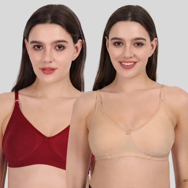 Cotton Bra for Women, Red & Gold, Pack of 2 (28B)