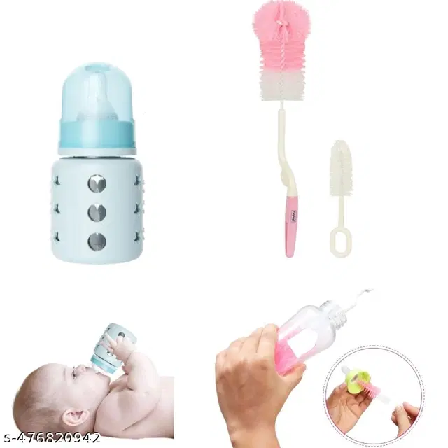 Combo of Milk Bottle, 60 ml with Bottle & Nipple Cleaning Brushes, Multicolor, Set of 3