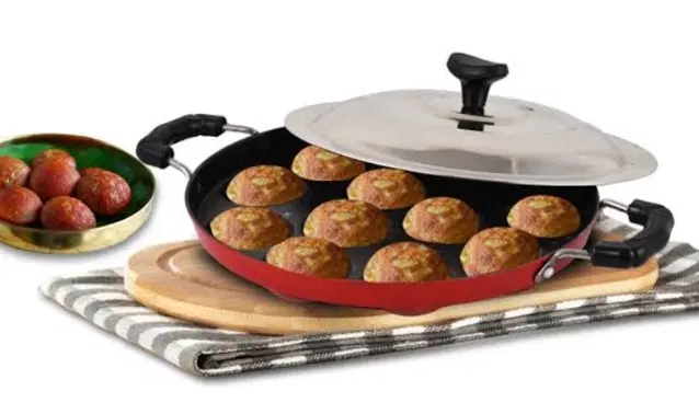 ZODEX 12 Cavities Non Stick Appam Patra with Lid and Side Handle, Multicolor, 21 cm