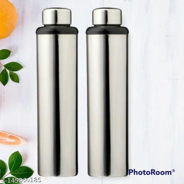 Stainless Steel Sports Water Bottles, Pack of 2, Silver, 1000 ml