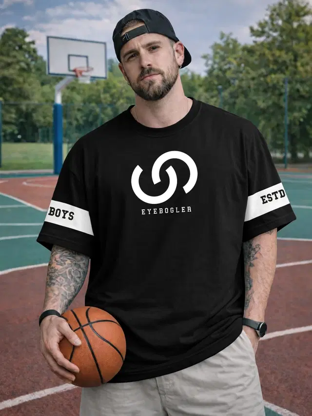 Round Neck Printed Cotton Blend T-shirt for Men (Black, S)