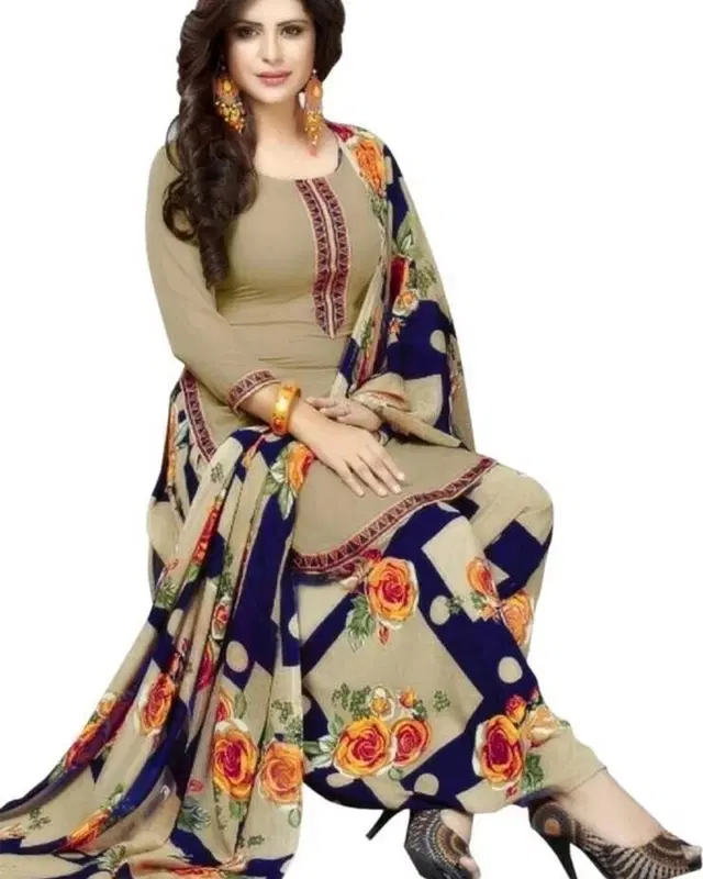 Yashika Unstitched Crepe Salwar Suit Material (Beige & Navy Blue) (Y-243)