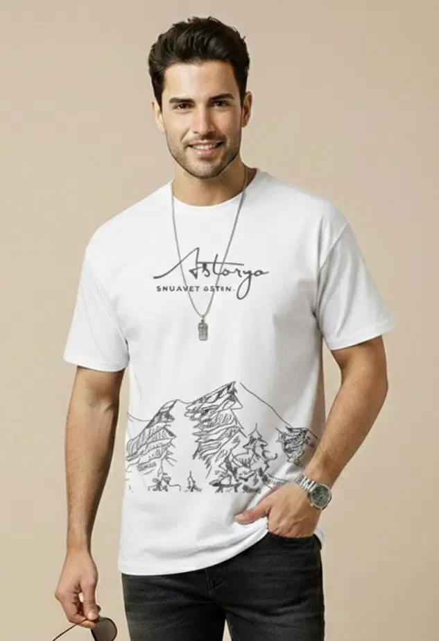 Polyester Printed T-shirt for Men, White (M)