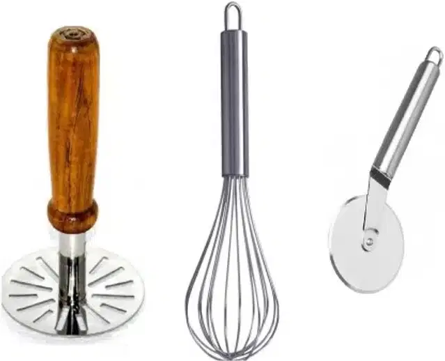 Combo of Stainless Steel Pizza Cutter with Whisker & Masher, Pack of 3, Multicolor