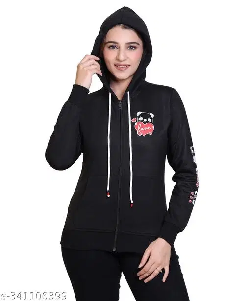 Fleece Printed Hoodie for Women (Black, XXL)