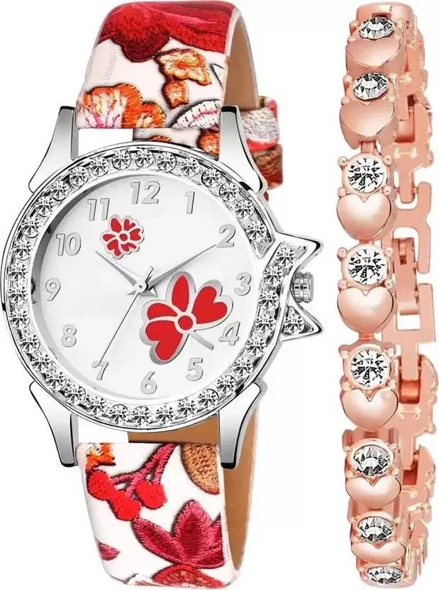 Round Dial Analog Watch with Bracelet for Women, Red (Set of 2)