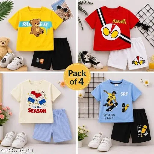 Cotton Top & Bottom Sets for Boys, Pack of 4 (Aqua Blue, 0-6 Months)