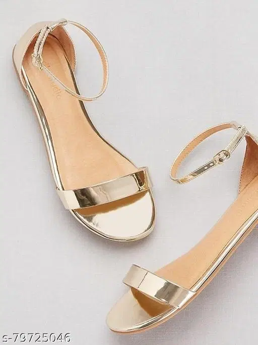 Solid Synthetic Open Toe One-Toe Flats for Women (Gold, IND-4)