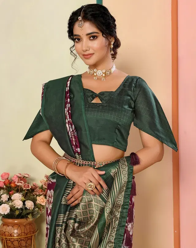 Printed Kalamkari Assam Art Silk Saree with Blouse for Women (Purple, Free Size)