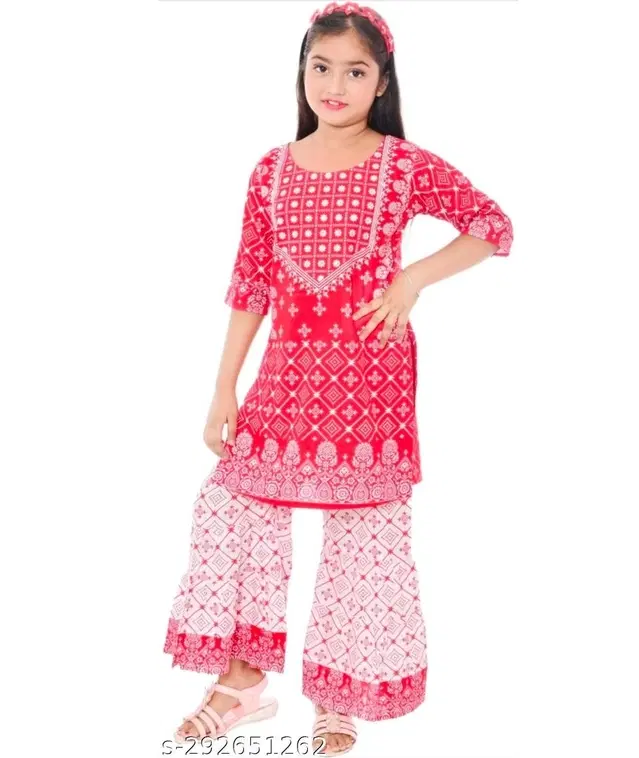 Rayon Kurta Set for Girls (Red & White, 4-5 Years)