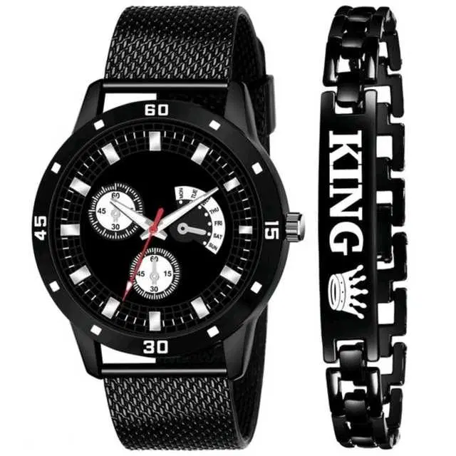 Casual PU Analog Watch With Bracelet Men, Pack Of 2 (Black) (MP-218)