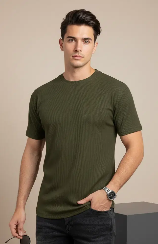 Polyester Round Neck T-shirt for Men, Olive (M)