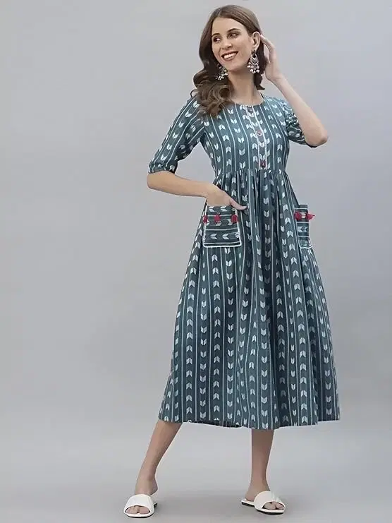 Cotton Printed Anarkali Kurti for Women, Teal (S)