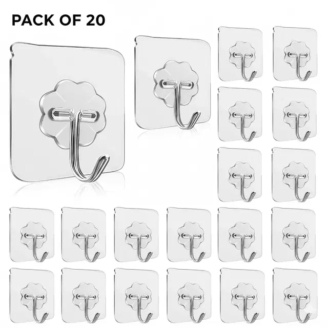 Plastic Wall Hooks, Transparent (Pack of 20)