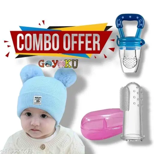 Combo of Solid Cap, Finger Brush with Fruit Nibbler for Baby, Set of 3 (Multicolor)